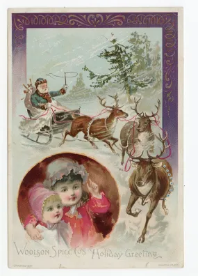 1890 Victorian Woolson Spice Co. HOLIDAY GREETING CARD, Santa, Lion Coffee