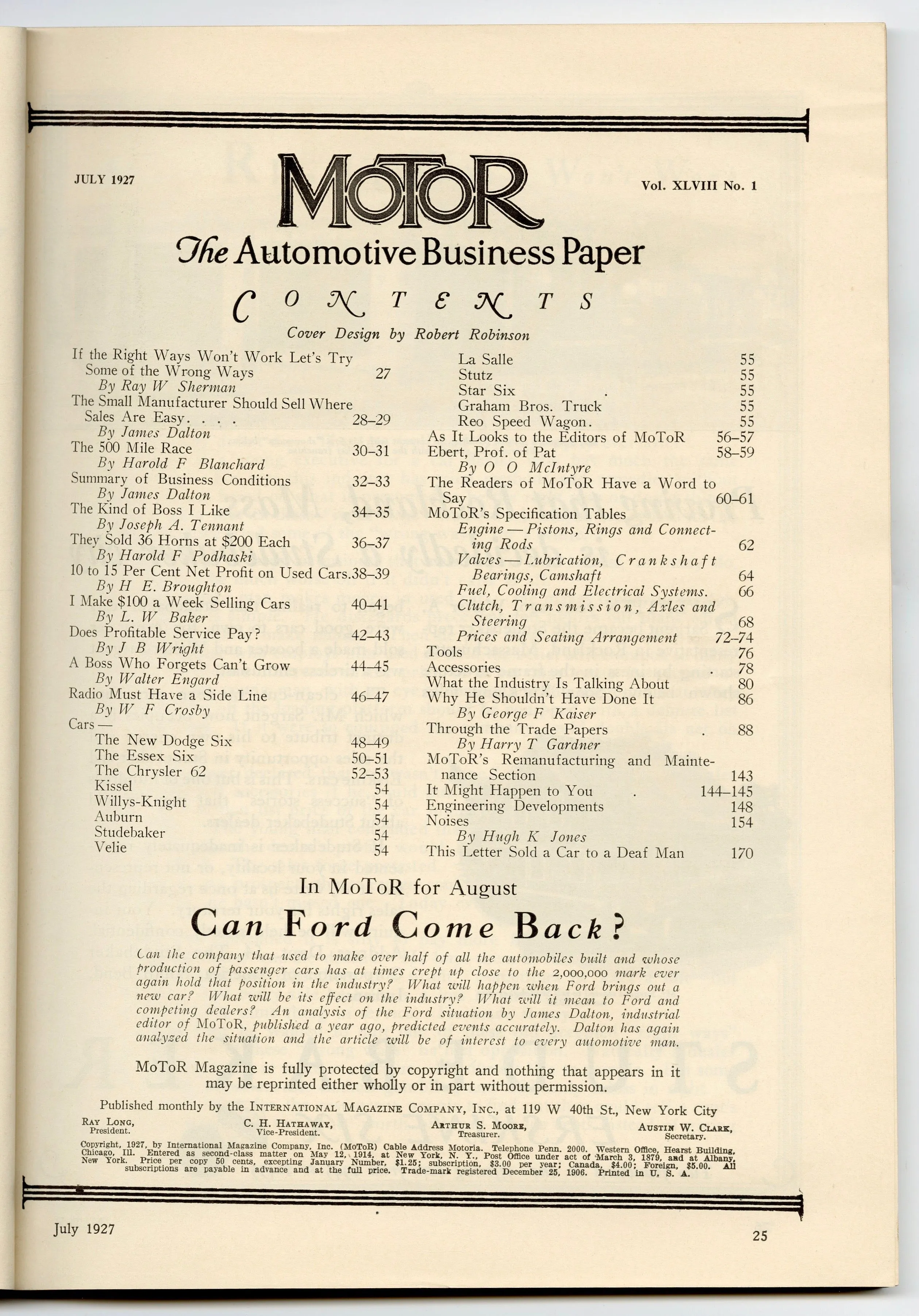 1927 Motor Magazine, Robert Robinson Cover, Automobiles, Car Advertisements