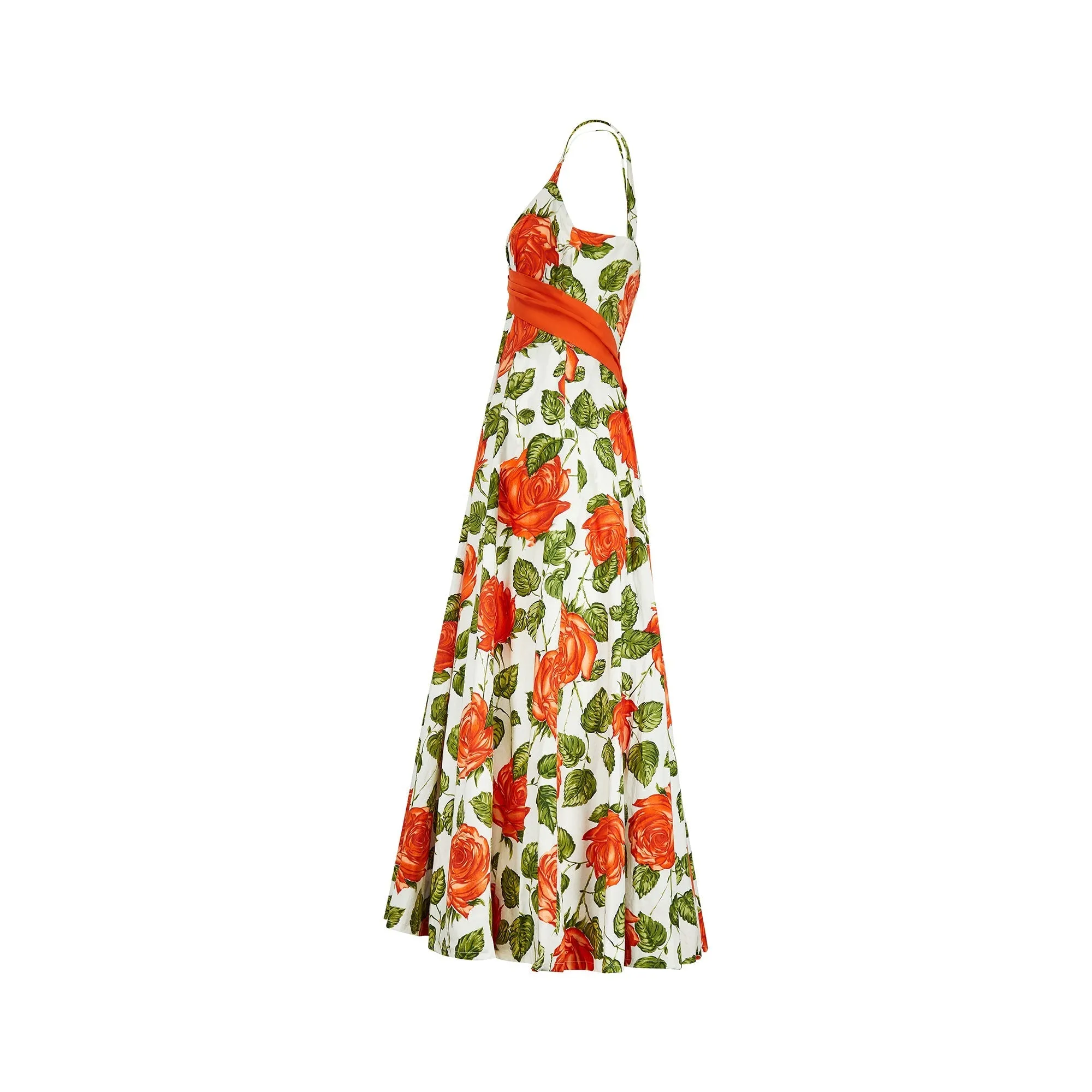 1950s Jonelle Orange Rose Print Cotton Maxi Dress