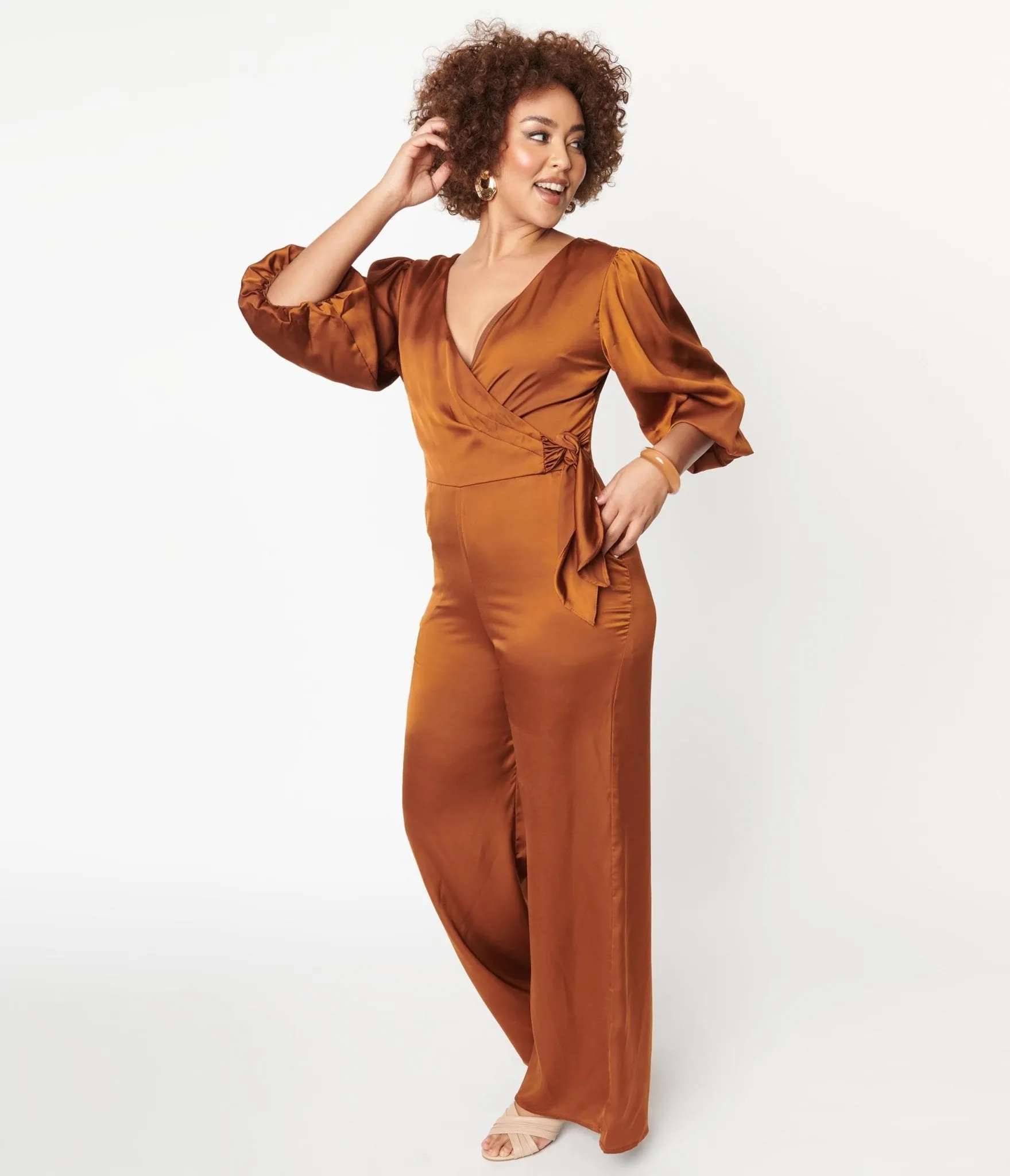 1970s Copper Satin Bow Jumpsuit