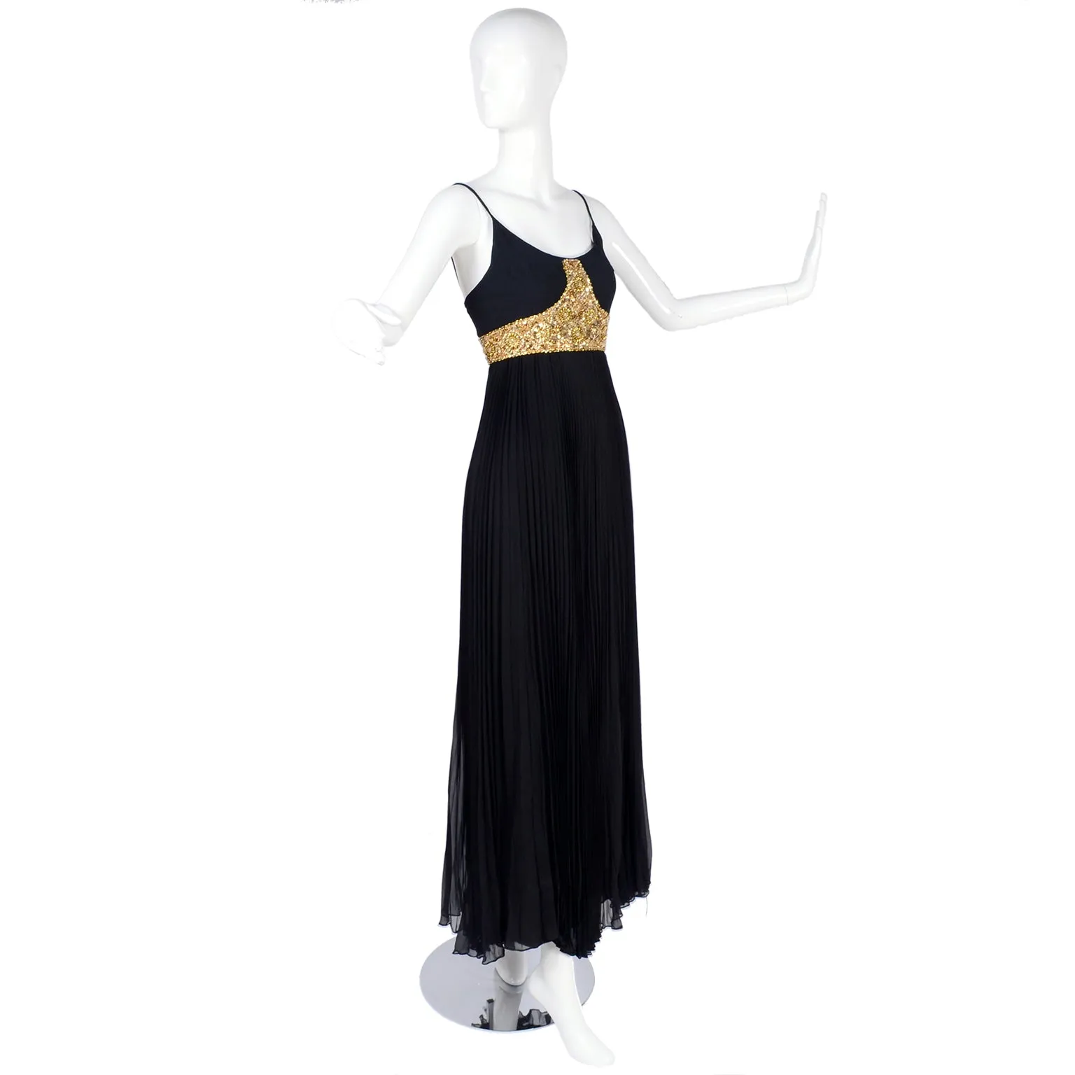 1970s Jean Patou Vintage Black Evening Dress W/ Gold Beads & Sequins