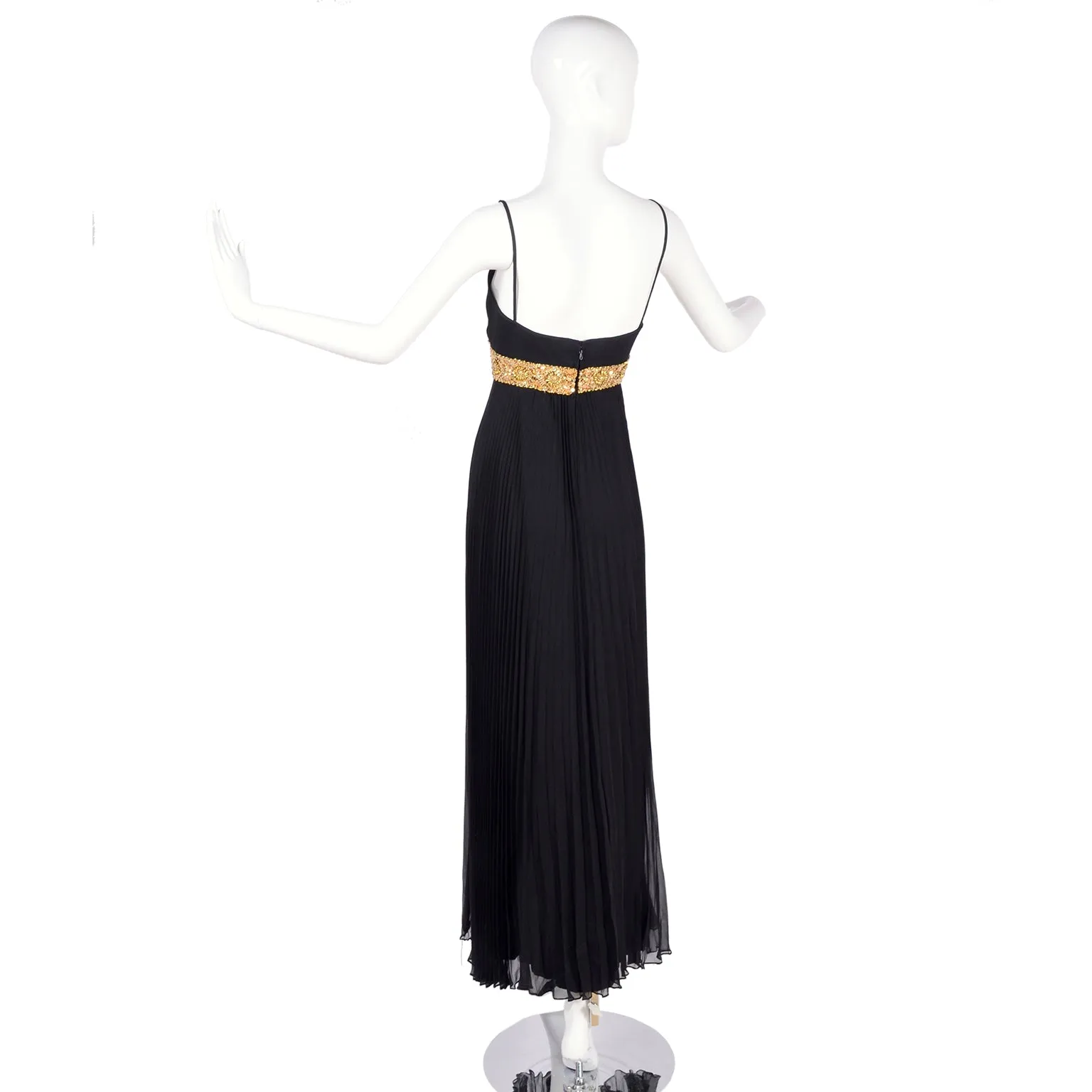 1970s Jean Patou Vintage Black Evening Dress W/ Gold Beads & Sequins