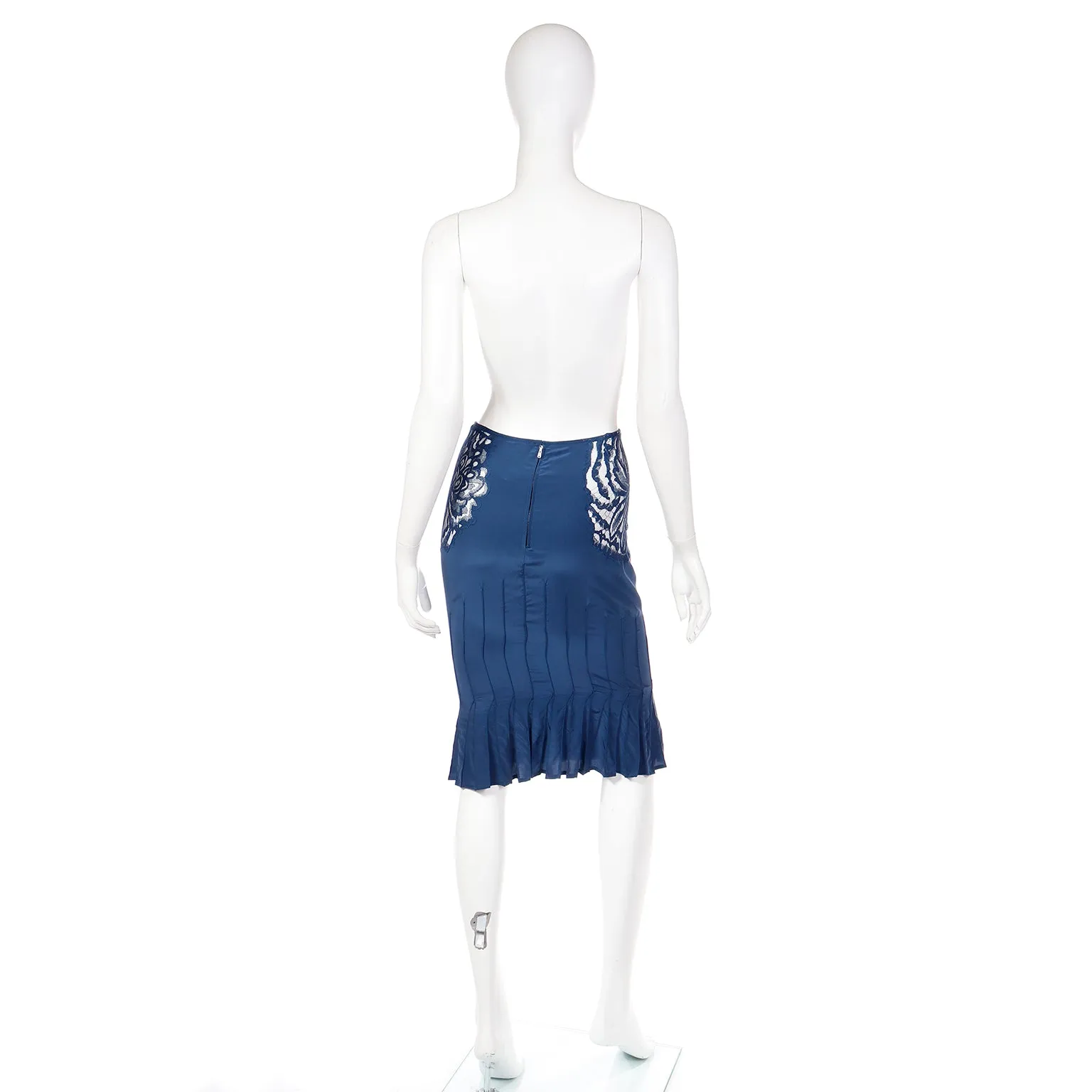 2003 Tom Ford for Yves Saint Laurent Blue Pleated Skirt W Sheer Lace