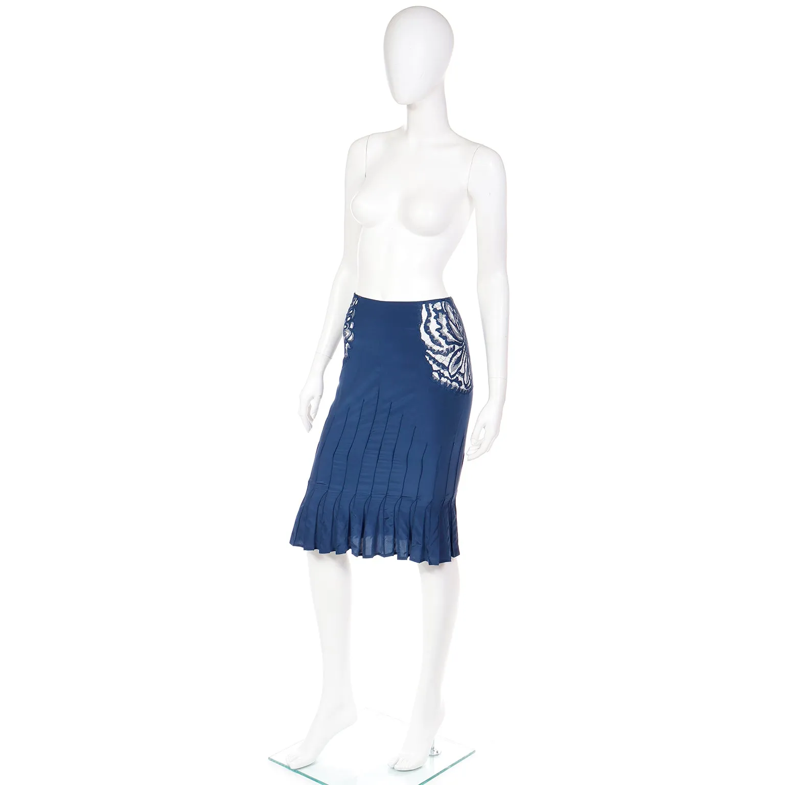 2003 Tom Ford for Yves Saint Laurent Blue Pleated Skirt W Sheer Lace