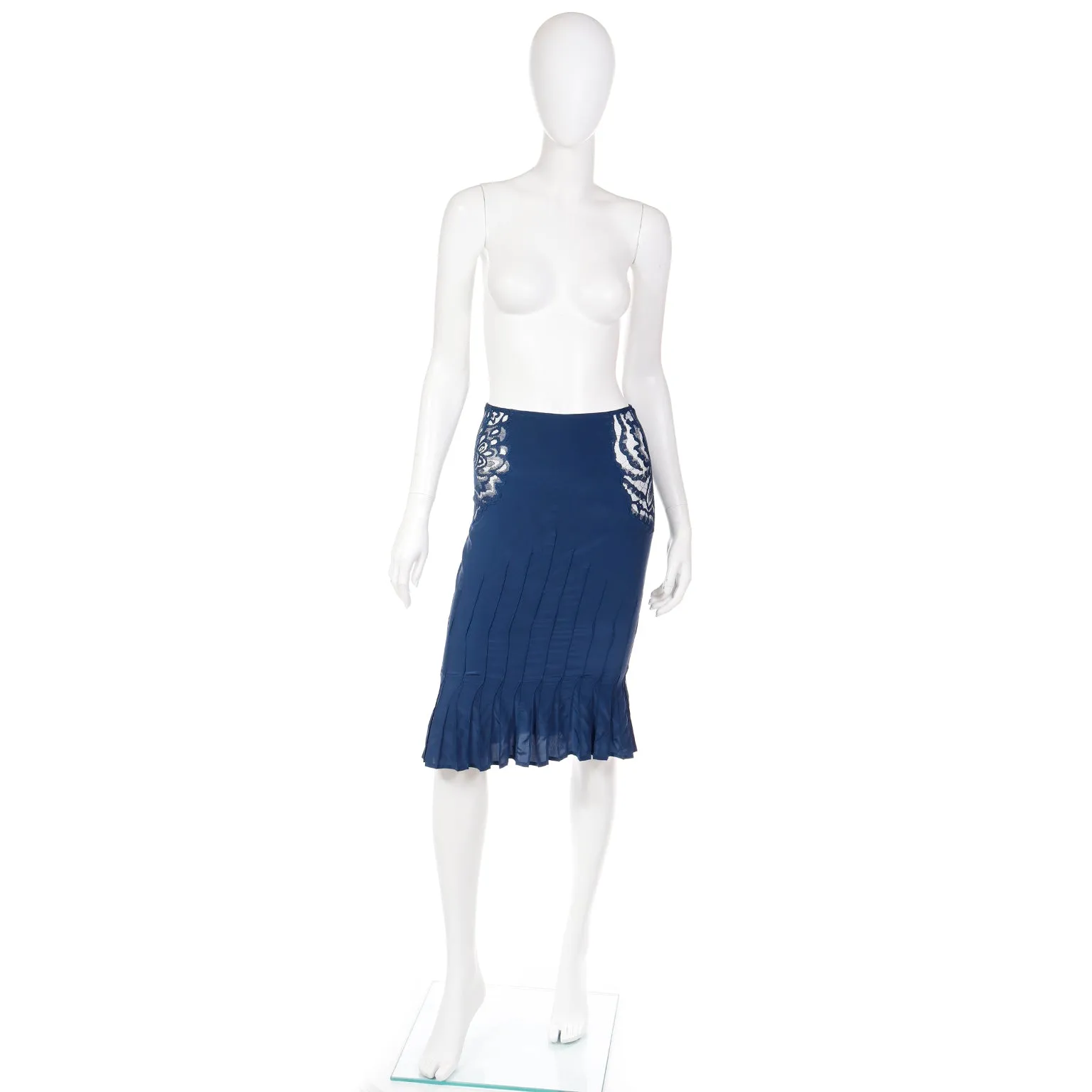 2003 Tom Ford for Yves Saint Laurent Blue Pleated Skirt W Sheer Lace