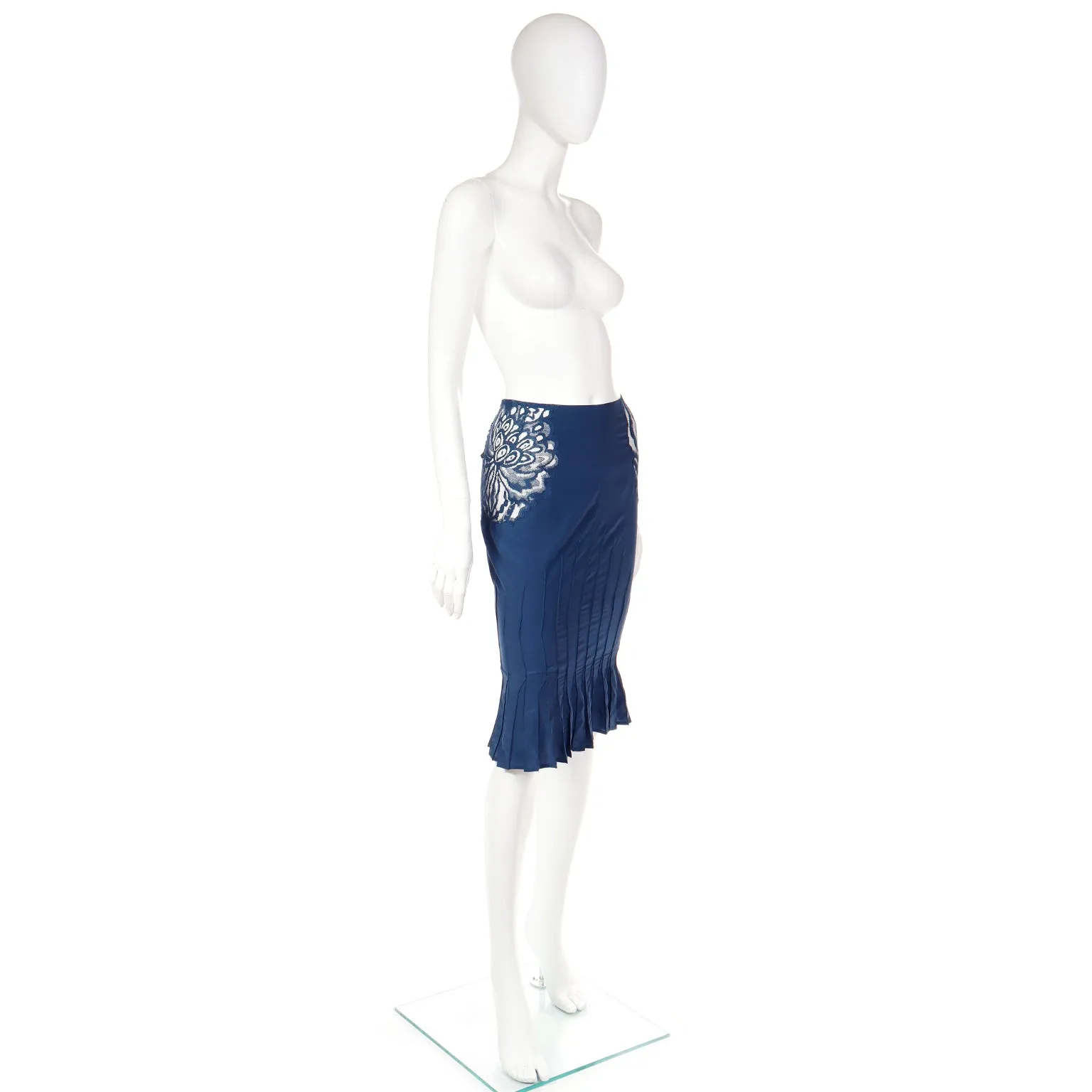 2003 Tom Ford for Yves Saint Laurent Blue Pleated Skirt W Sheer Lace