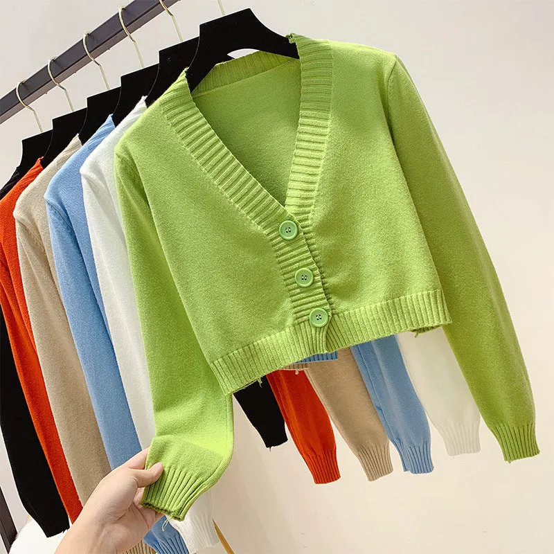 2021 Sweet 10 colors high-waisted sweater crop top solid color slim fit knitwear cardigan