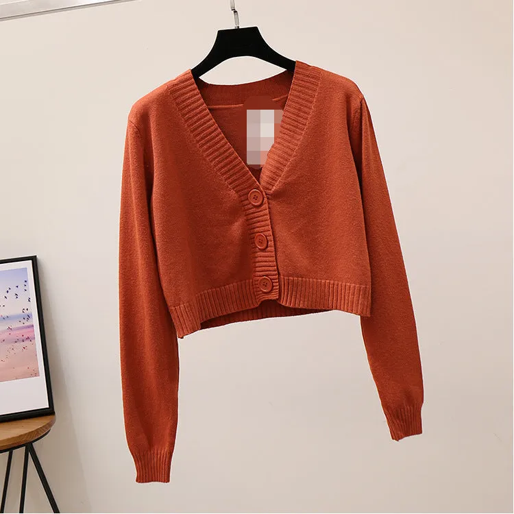 2021 Sweet 10 colors high-waisted sweater crop top solid color slim fit knitwear cardigan