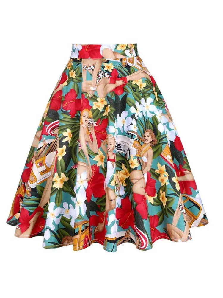 23 Patterns Vintage Retro 50s Full Circle A Line Skirt Holiday Tropical Pin Up Swing Skater Knee Length Floral Women Solid Skirt