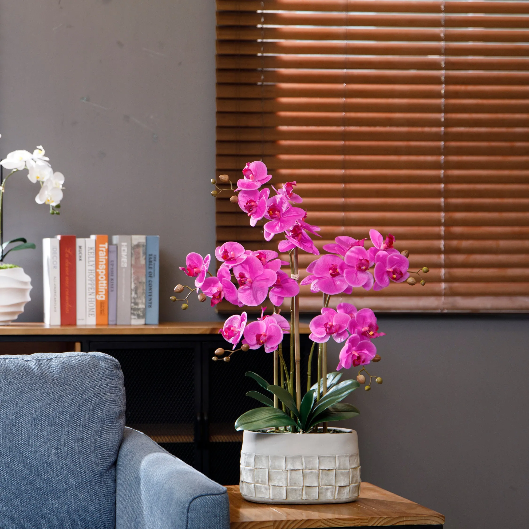 27" Purple Orchid Arrangement in a Grey Stonelike Planter | Real Touch Purple Moth Orchids in a Grey Planter