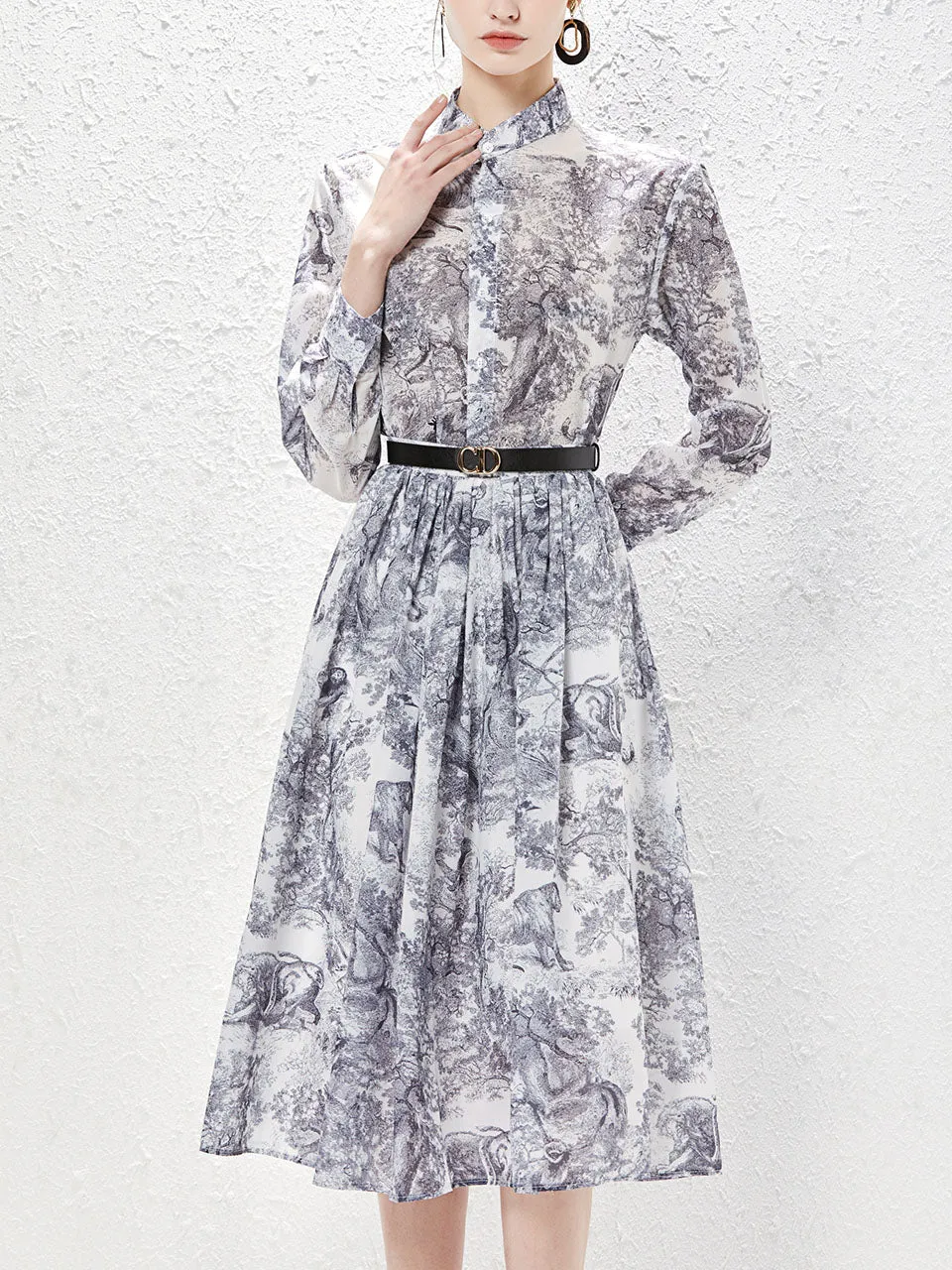 2PS Grey High Neck Floral Print Long Sleeve Bohemian Dress Midi Dress Suits