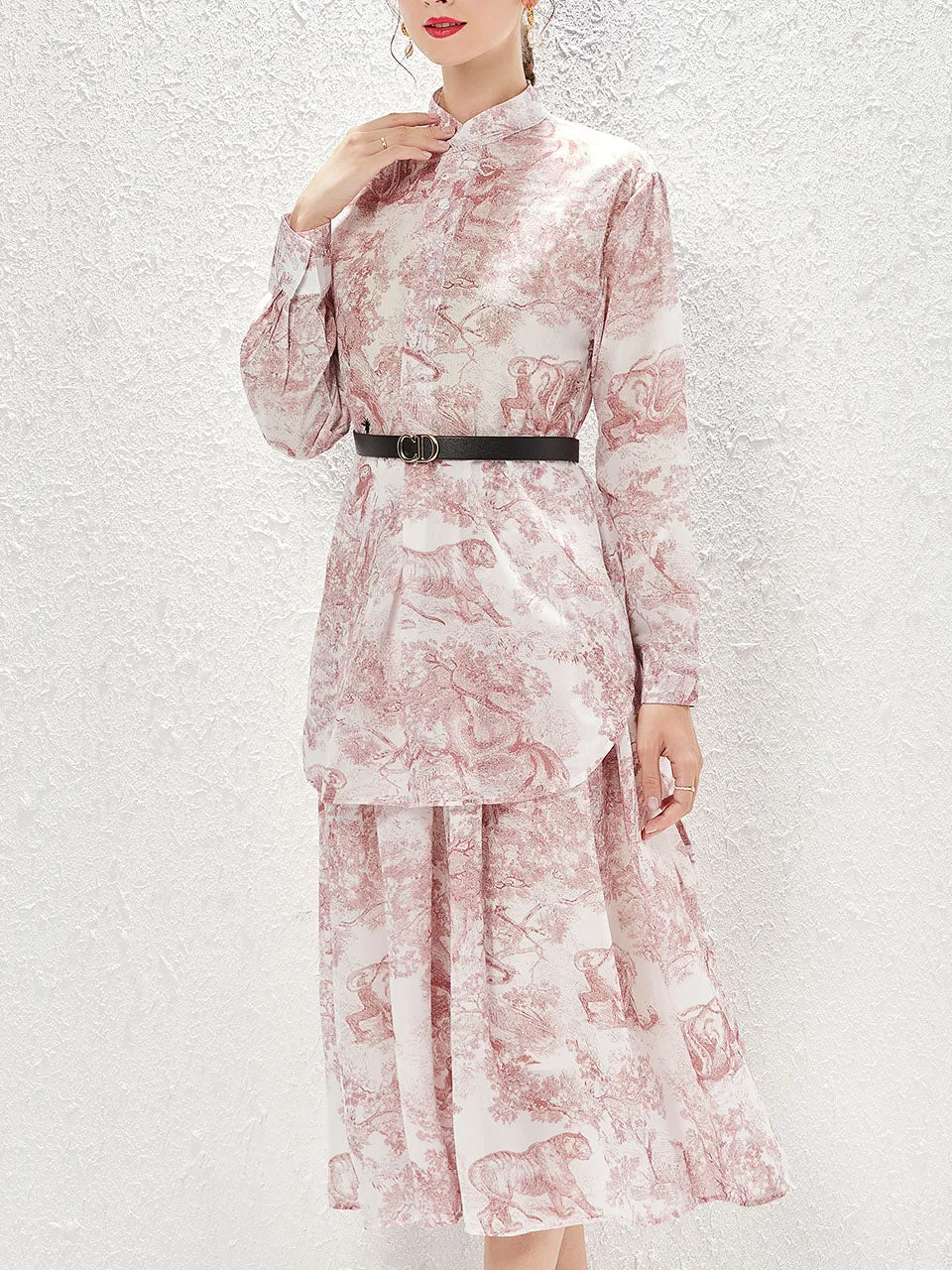 2PS Grey High Neck Floral Print Long Sleeve Bohemian Dress Midi Dress Suits