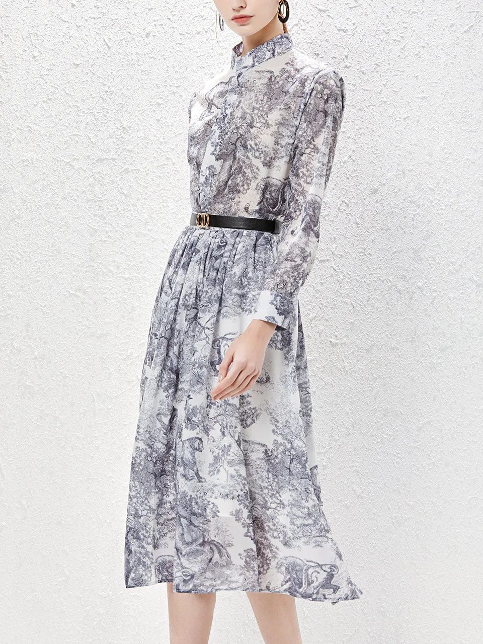 2PS Grey High Neck Floral Print Long Sleeve Bohemian Dress Midi Dress Suits