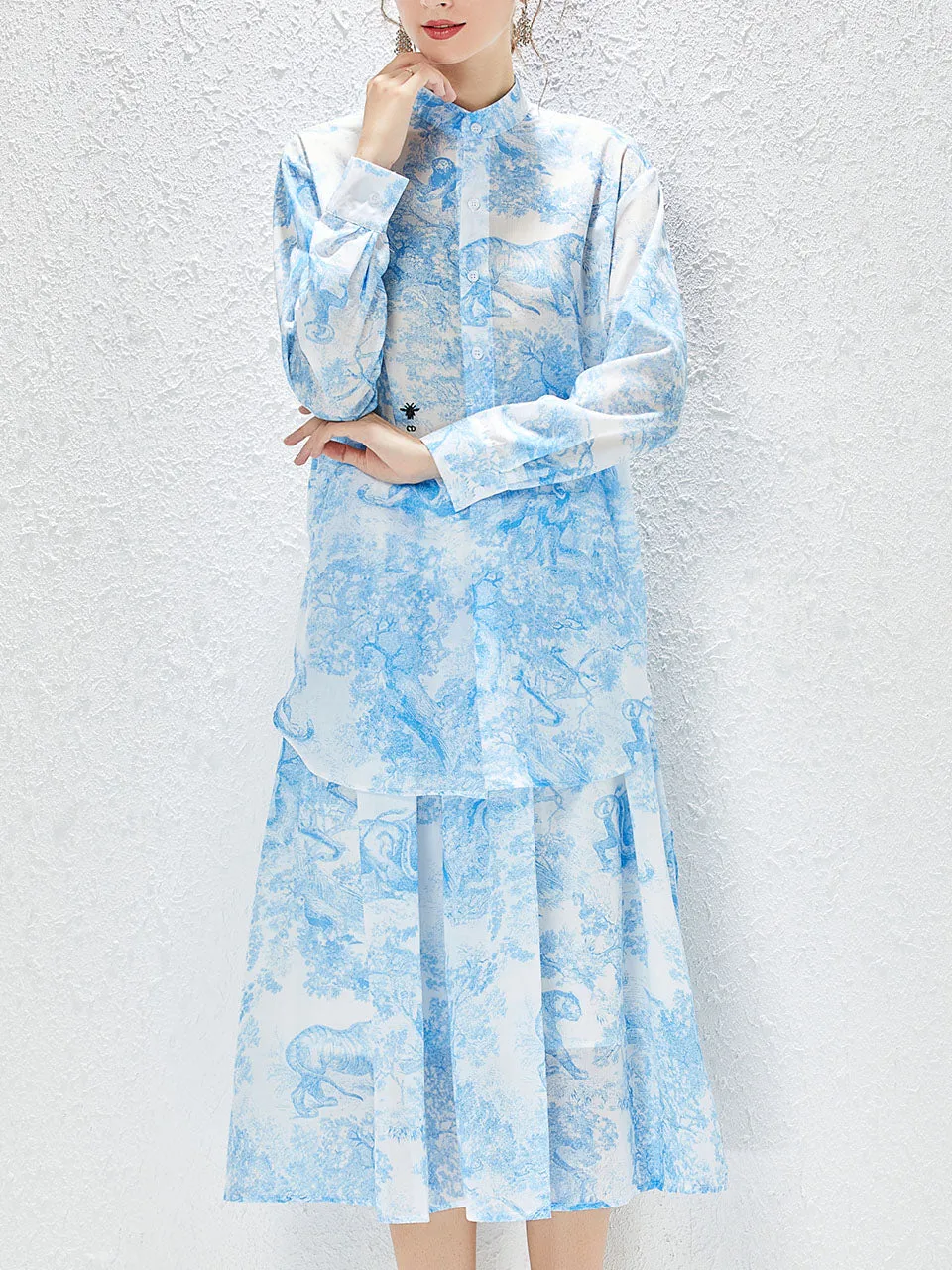 2PS Grey High Neck Floral Print Long Sleeve Bohemian Dress Midi Dress Suits