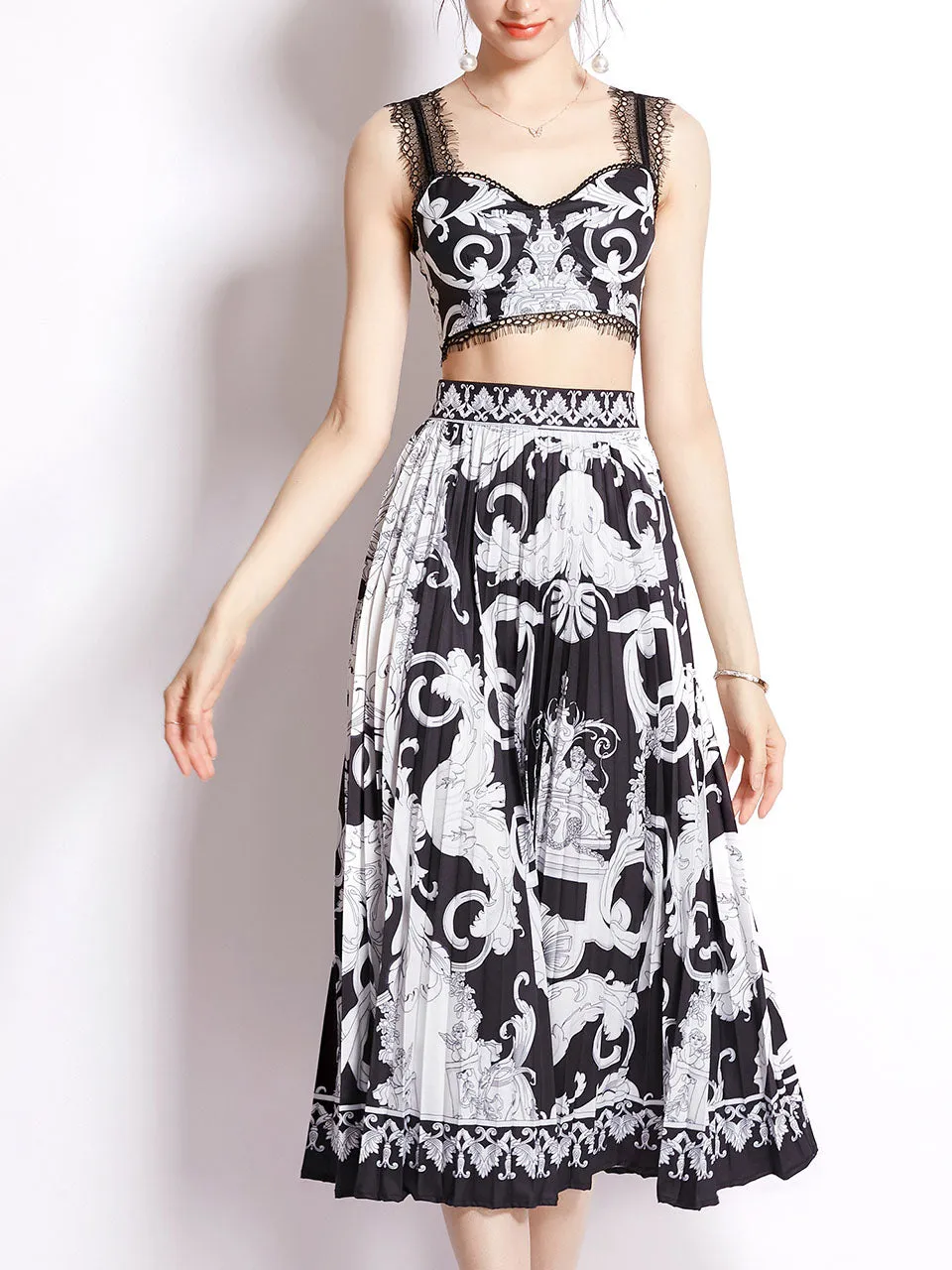 2PS White And Black Lace Strap Floral Print Sleeveless Top And Pleated Skirt Set