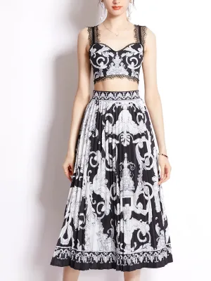 2PS White And Black Lace Strap Floral Print Sleeveless Top And Pleated Skirt Set