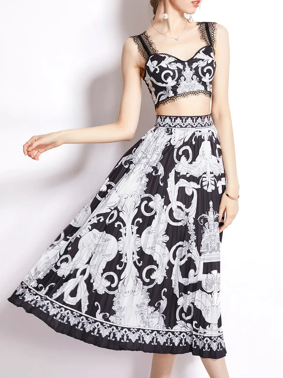 2PS White And Black Lace Strap Floral Print Sleeveless Top And Pleated Skirt Set