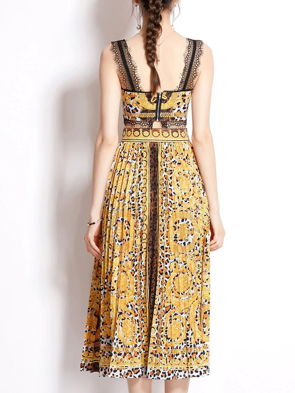 2PS Yellow Lace Strap Leopard Print Sleeveless Top And Pleated Skirt Set