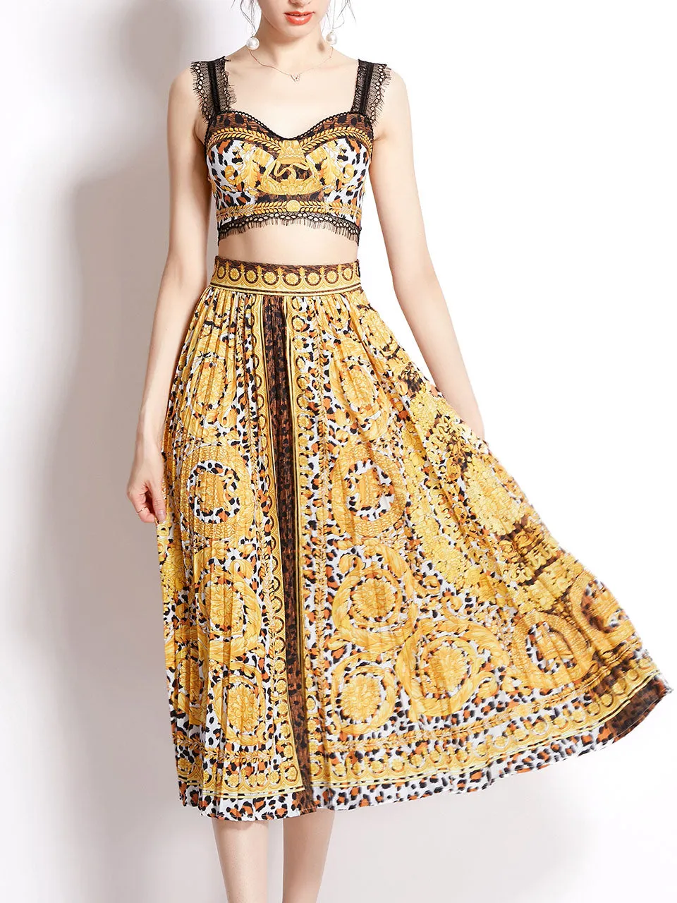 2PS Yellow Lace Strap Leopard Print Sleeveless Top And Pleated Skirt Set