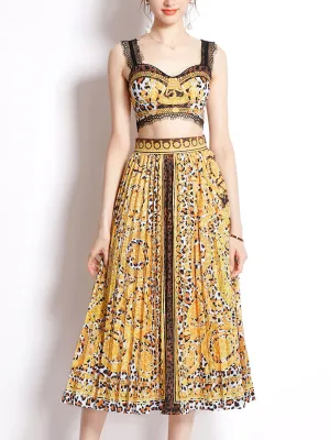 2PS Yellow Lace Strap Leopard Print Sleeveless Top And Pleated Skirt Set