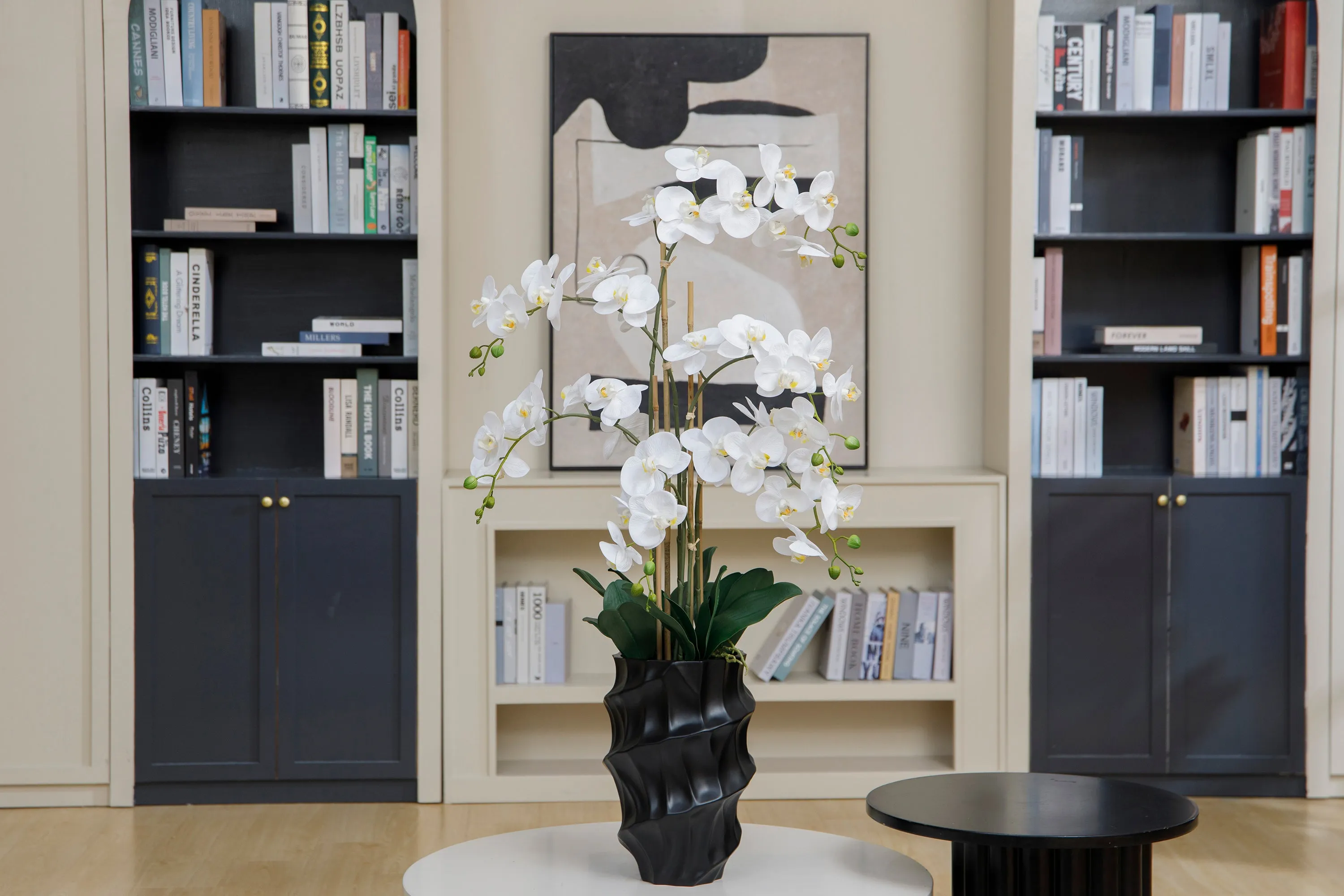 43" White Orchid Arrangement in a Tall Black Planter | Real Touch White Moth Orchids in a Black Planter