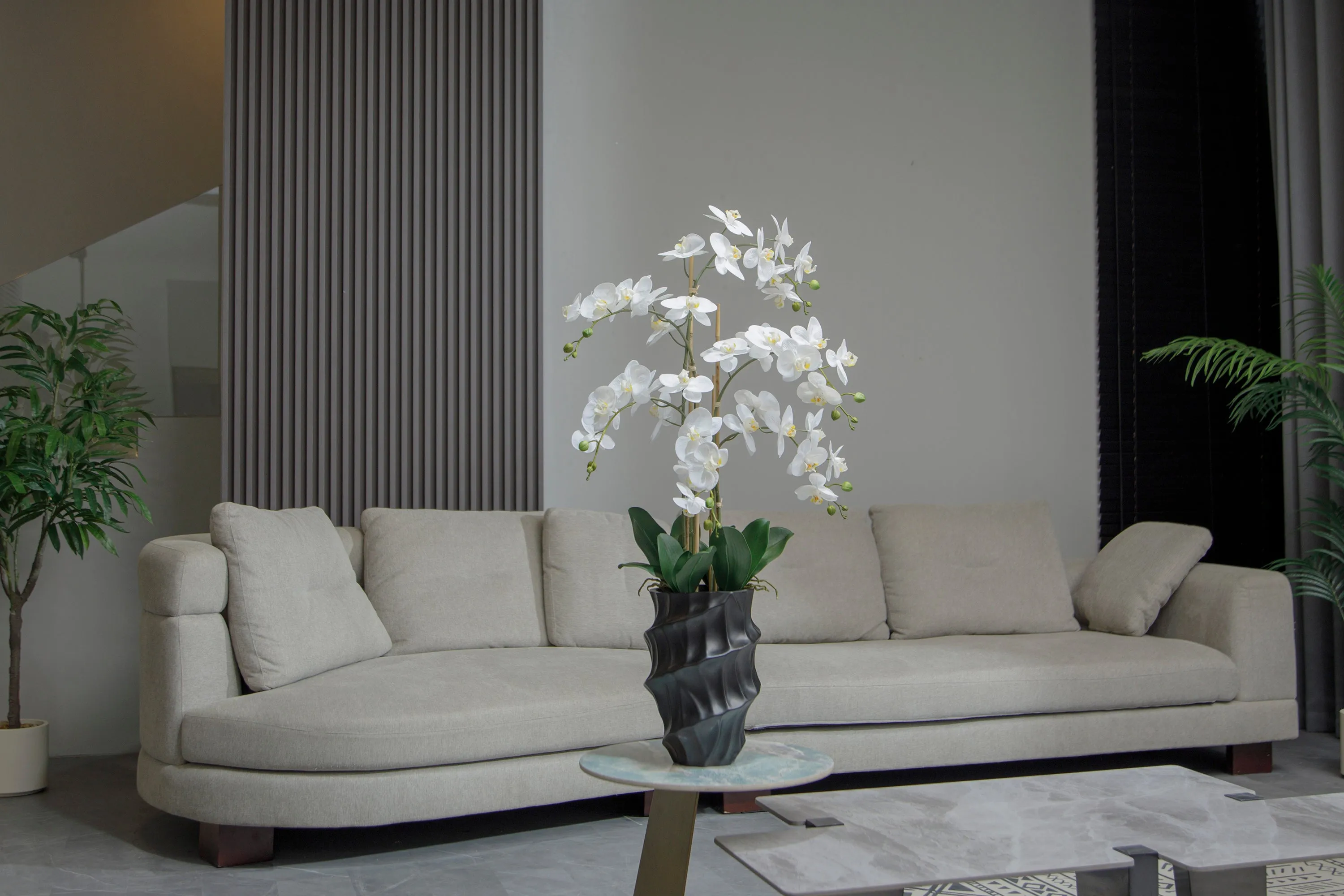 43" White Orchid Arrangement in a Tall Black Planter | Real Touch White Moth Orchids in a Black Planter