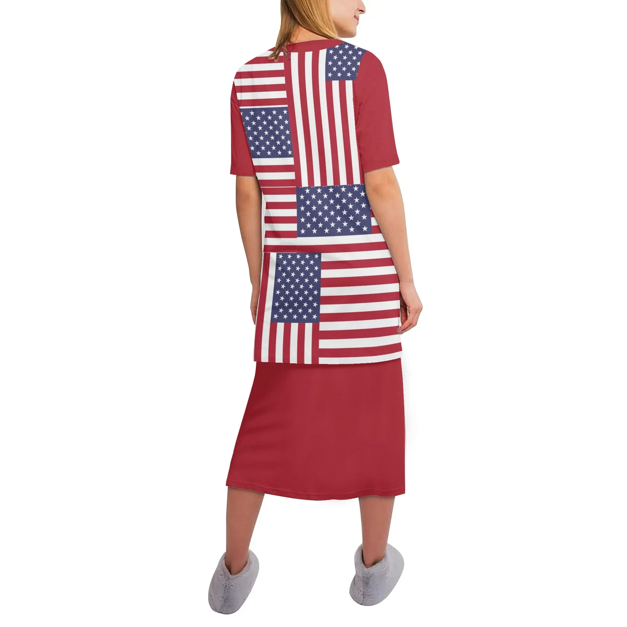 4th of July Womens Oversize Half-Sleeve T-shirt & Midi Skirt Two-Piece Outfit Set