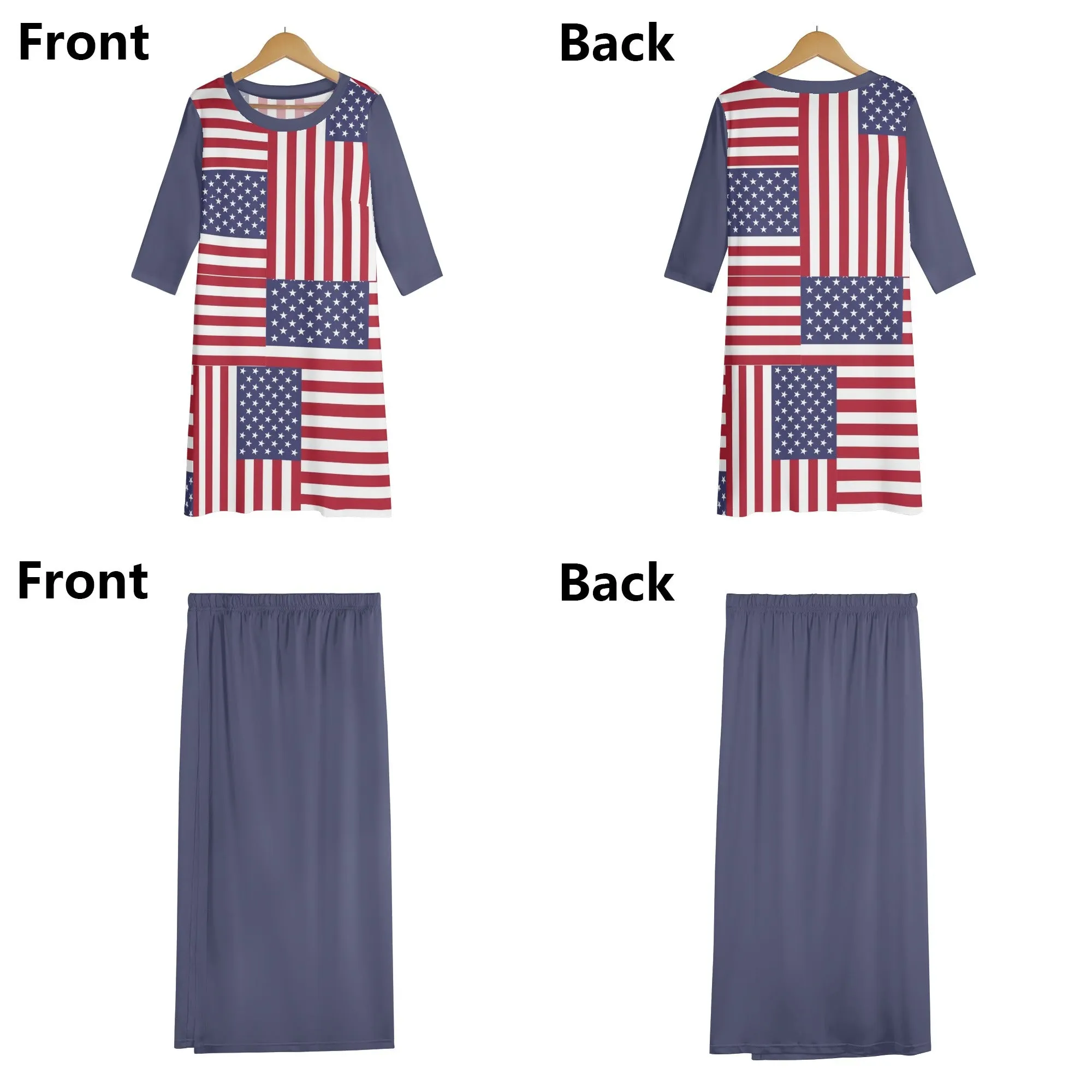 4th of July Womens Oversize Half-Sleeve T-shirt & Midi Skirt Two-Piece Outfit Set