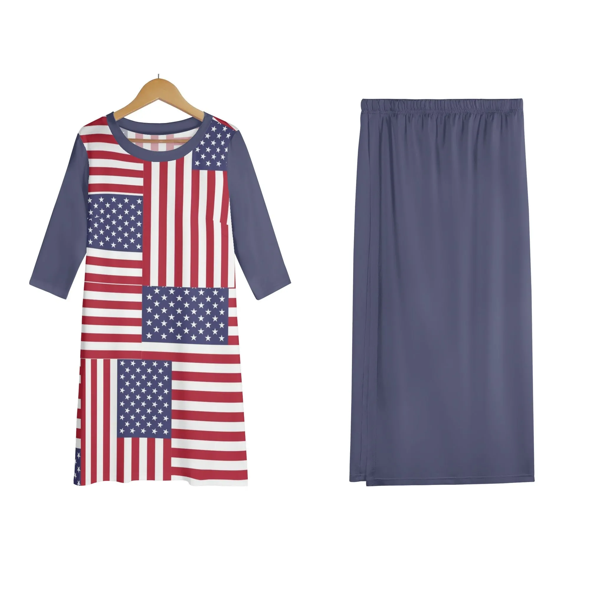 4th of July Womens Oversize Half-Sleeve T-shirt & Midi Skirt Two-Piece Outfit Set