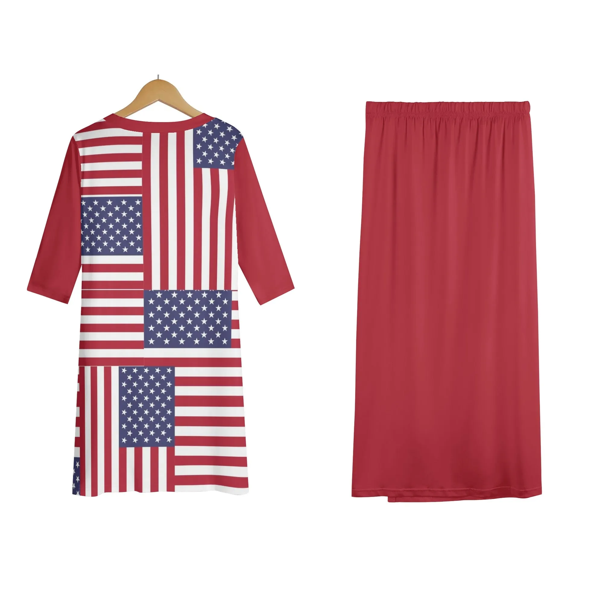 4th of July Womens Oversize Half-Sleeve T-shirt & Midi Skirt Two-Piece Outfit Set