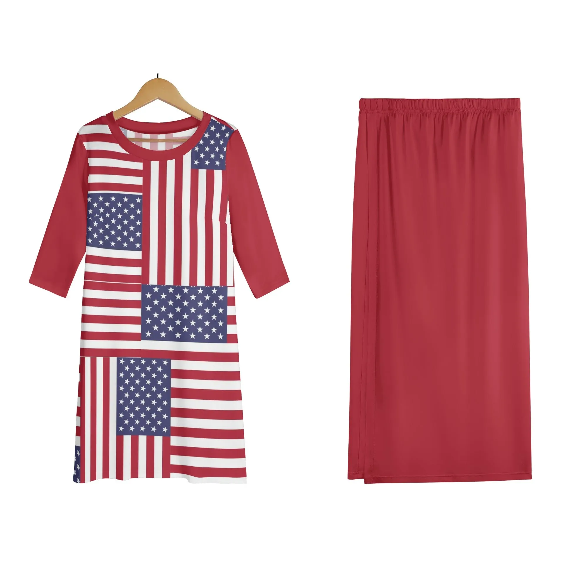 4th of July Womens Oversize Half-Sleeve T-shirt & Midi Skirt Two-Piece Outfit Set