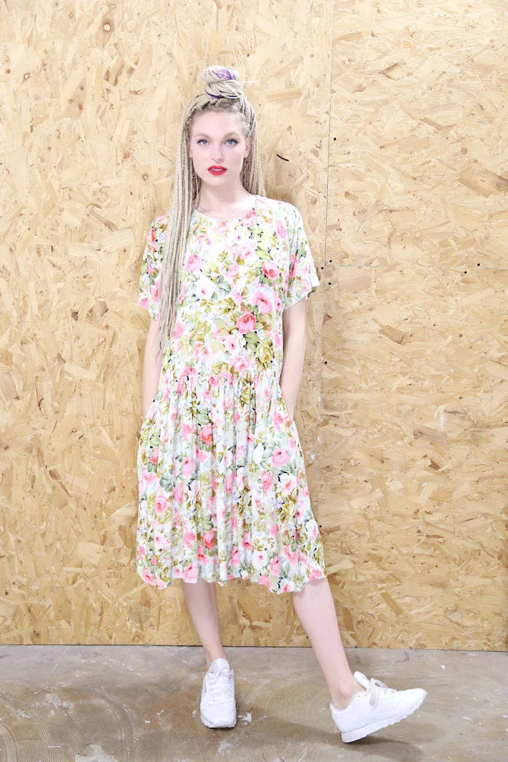 90s Pastel Floral Babydoll Midi Dress