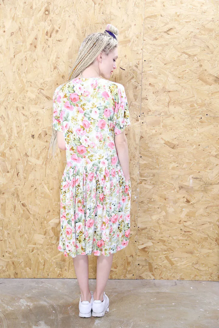 90s Pastel Floral Babydoll Midi Dress