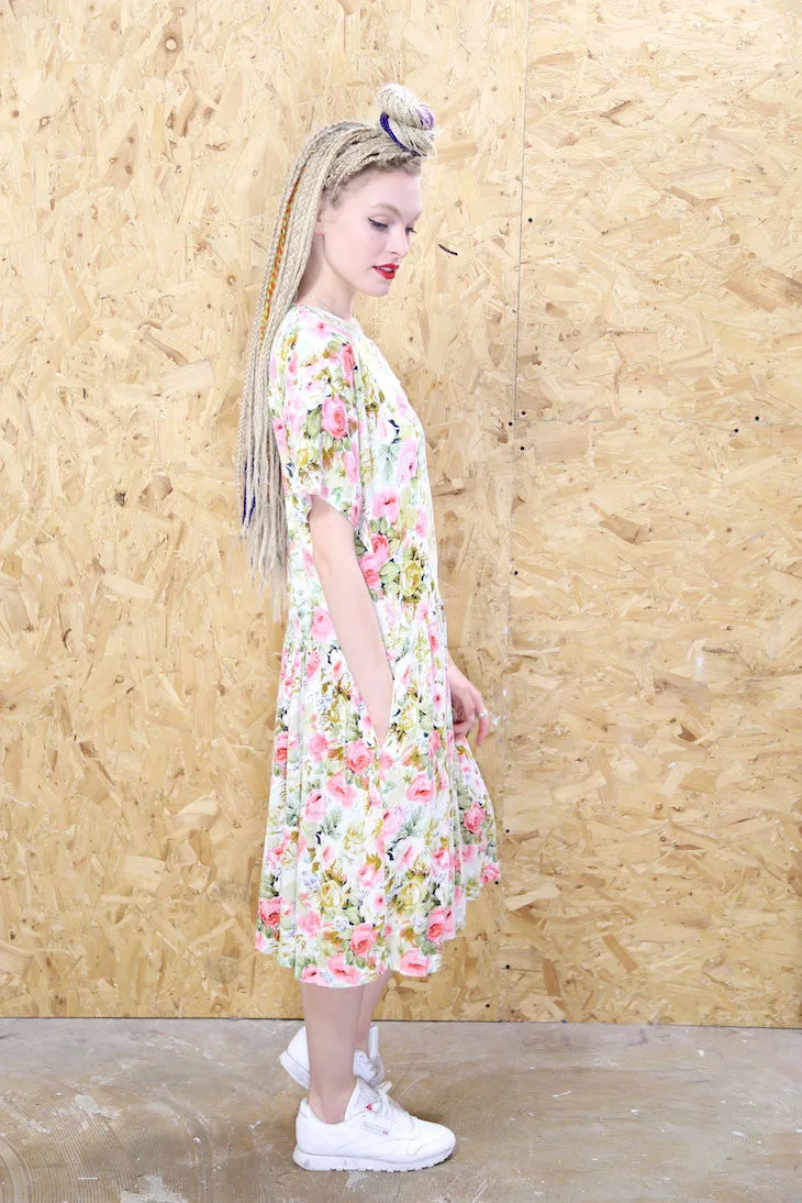 90s Pastel Floral Babydoll Midi Dress