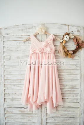 A-line Blush Pink Tulle V Neck Wedding Flower Girl Dress, Flowers