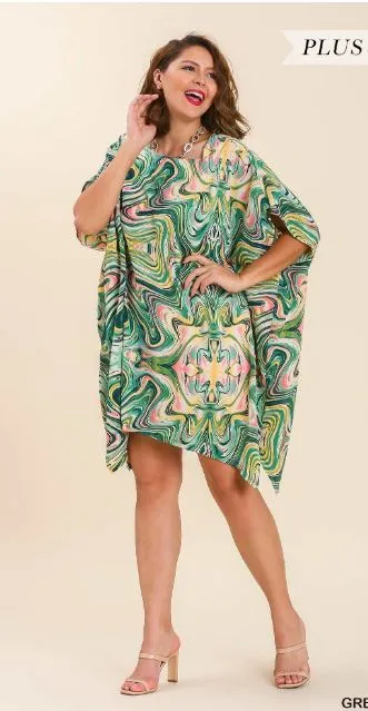 Abstract Swirl Print Boatneck Satin Tunic Kaftan