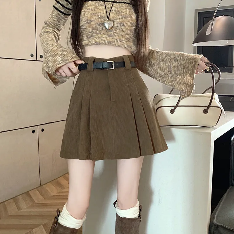 Aiertu business casual outfits Autumn and Winter Preppy Style Loose Slimming Corduroy A- line Pleated High Waist Anti-Exposure Skirt