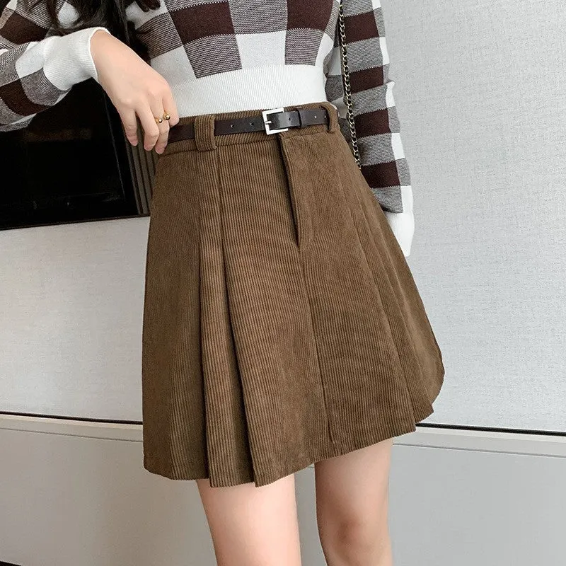 Aiertu business casual outfits Autumn and Winter Preppy Style Loose Slimming Corduroy A- line Pleated High Waist Anti-Exposure Skirt