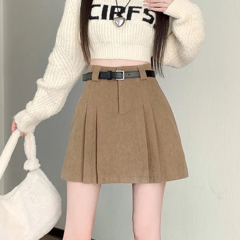 Aiertu business casual outfits Autumn and Winter Preppy Style Loose Slimming Corduroy A- line Pleated High Waist Anti-Exposure Skirt