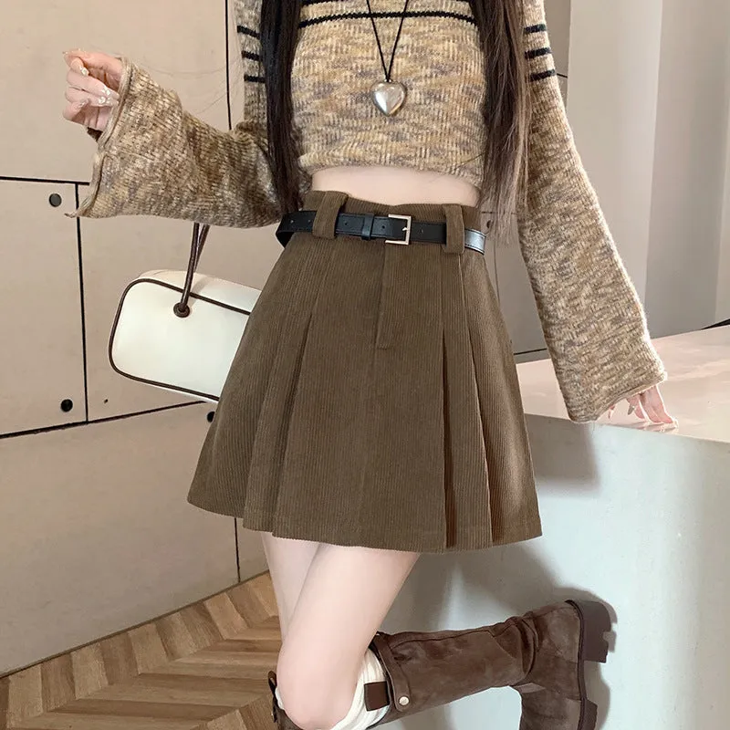 Aiertu business casual outfits Autumn and Winter Preppy Style Loose Slimming Corduroy A- line Pleated High Waist Anti-Exposure Skirt