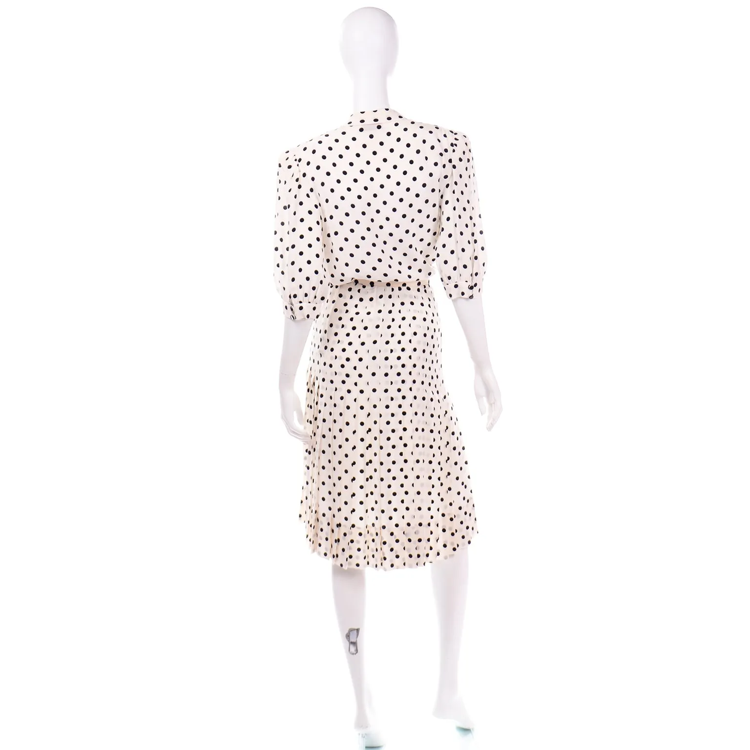 Albert Nipon Vintage Ivory and Black Polka Dot Silk Dress