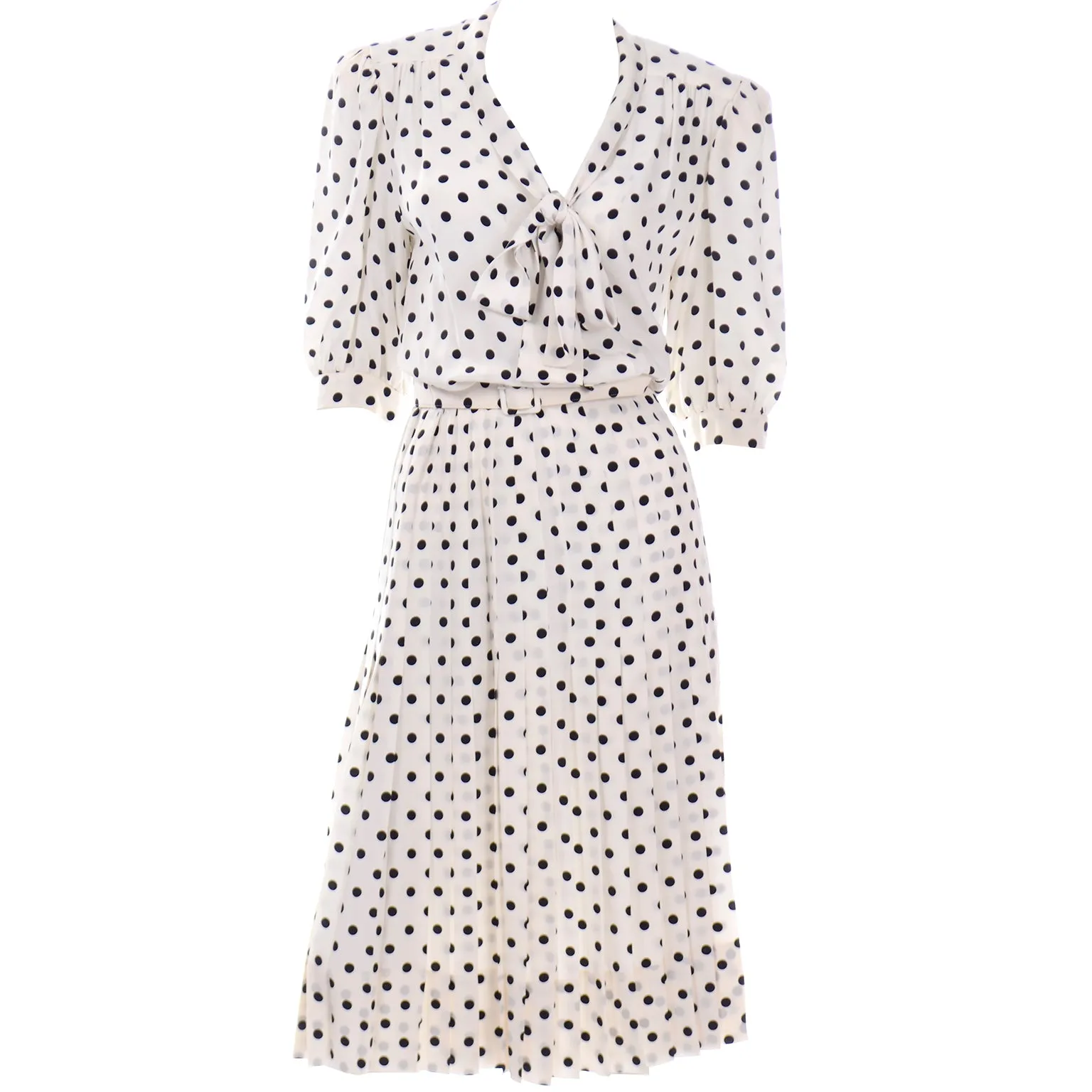 Albert Nipon Vintage Ivory and Black Polka Dot Silk Dress