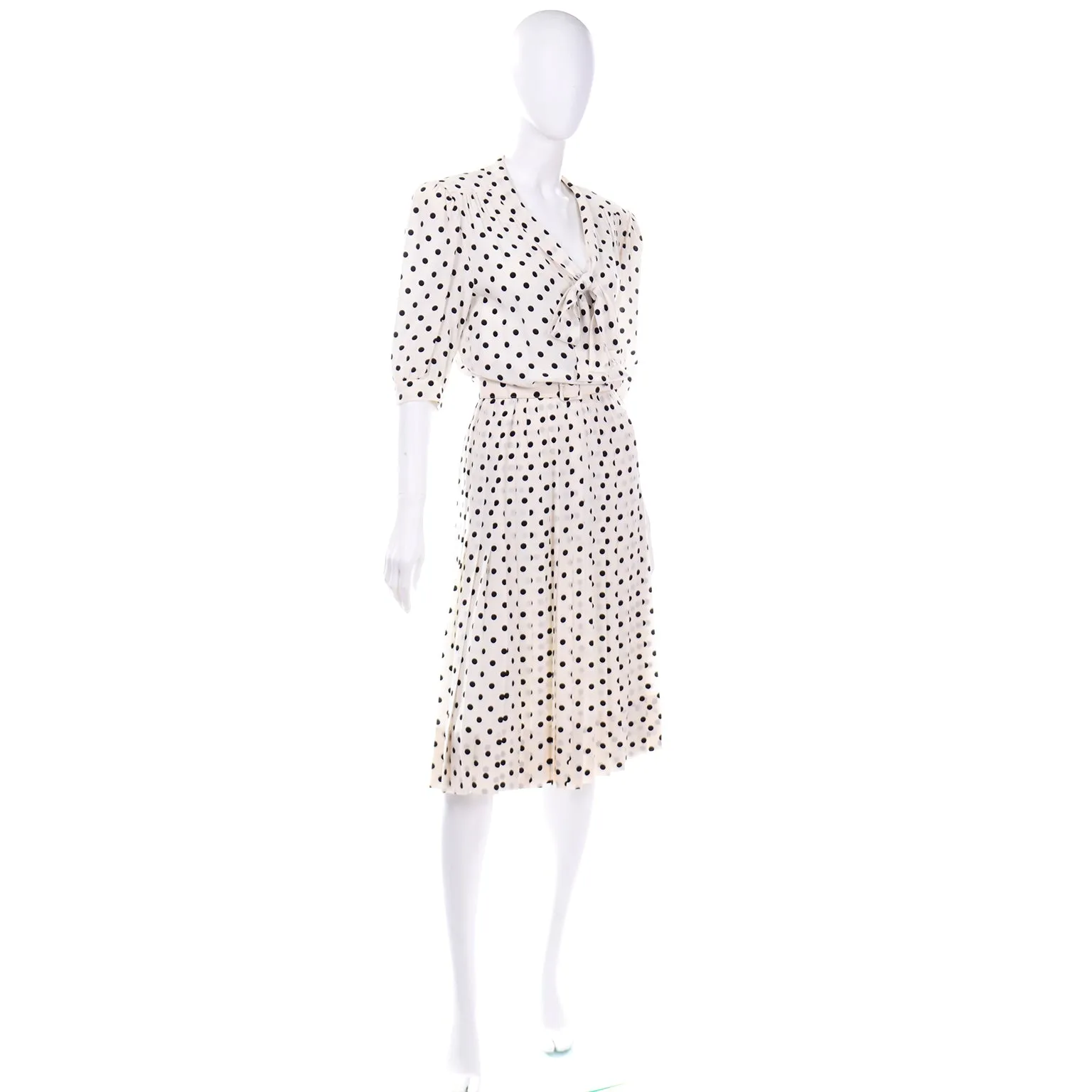 Albert Nipon Vintage Ivory and Black Polka Dot Silk Dress