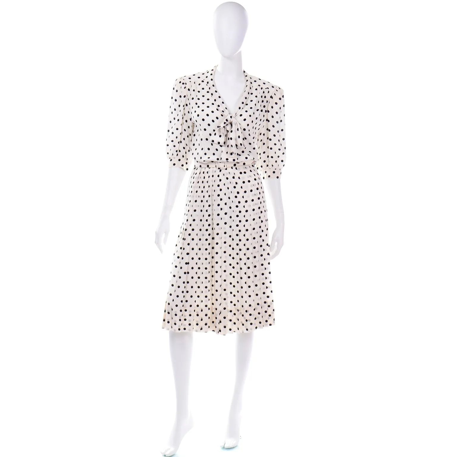 Albert Nipon Vintage Ivory and Black Polka Dot Silk Dress