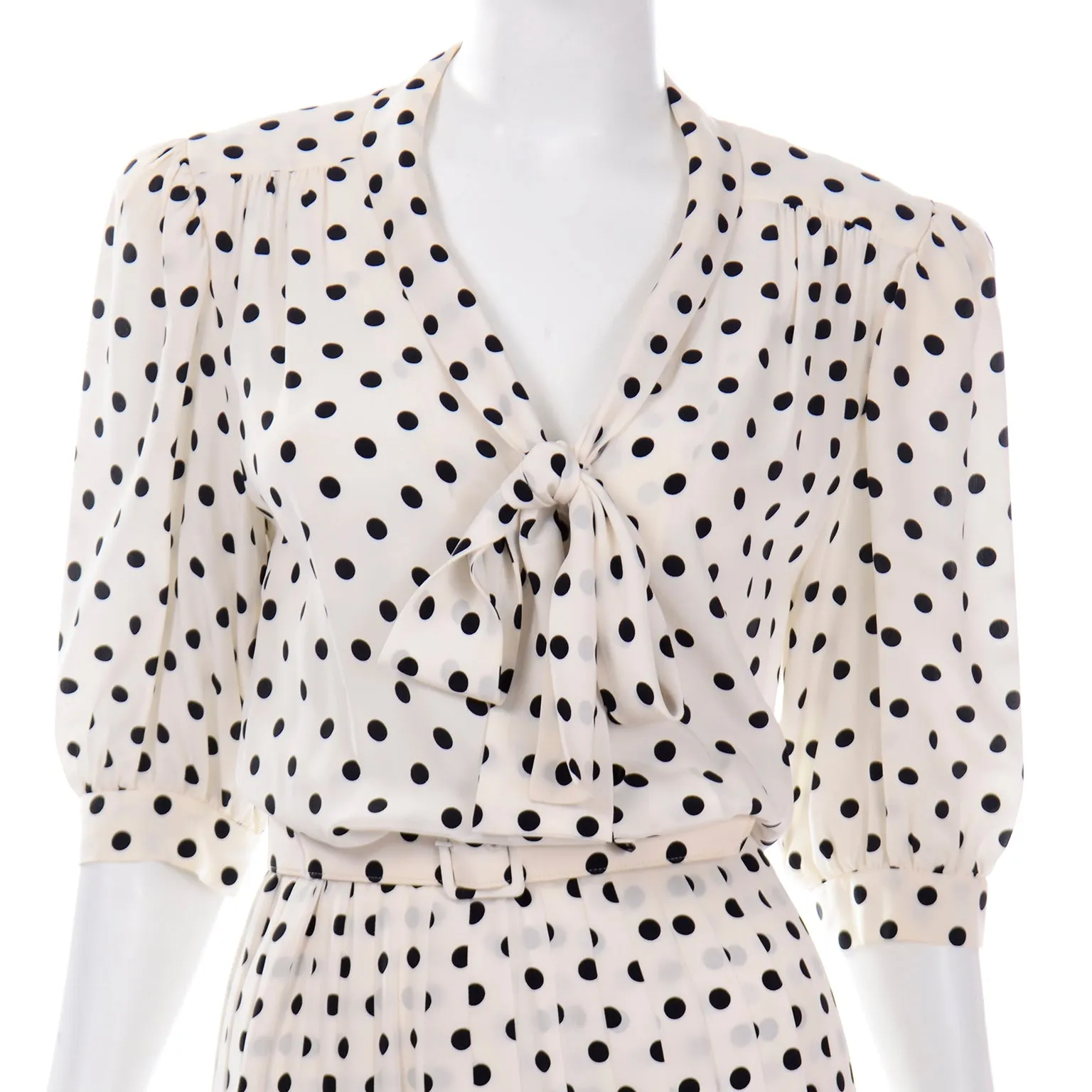 Albert Nipon Vintage Ivory and Black Polka Dot Silk Dress