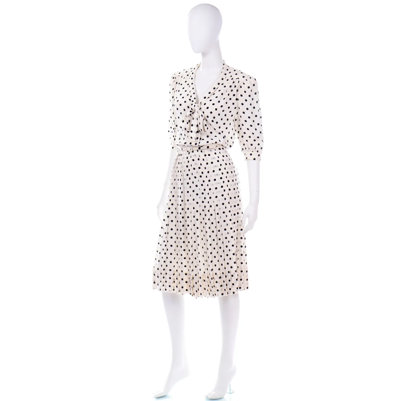 Albert Nipon Vintage Ivory and Black Polka Dot Silk Dress