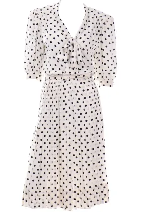 Albert Nipon Vintage Ivory and Black Polka Dot Silk Dress