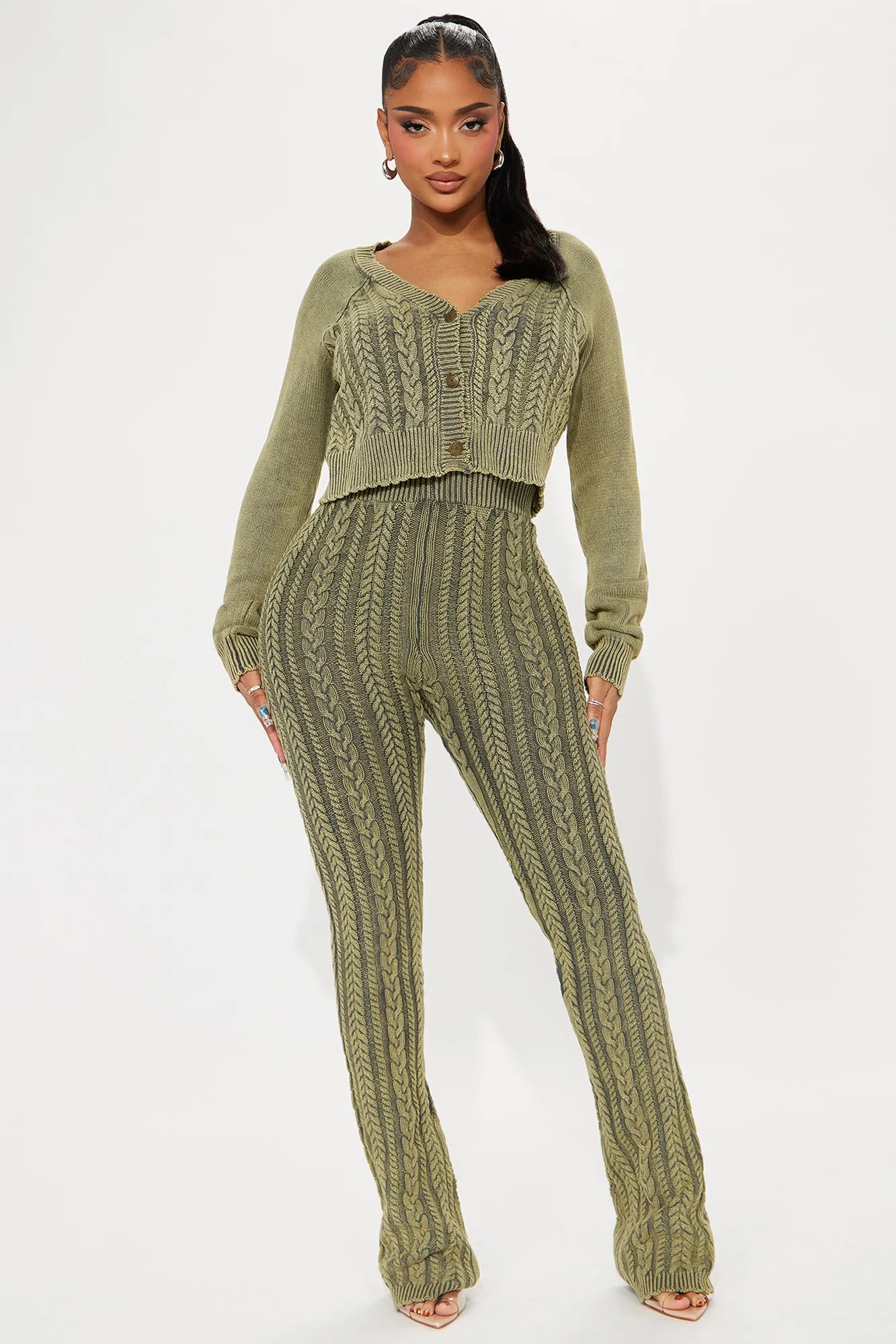 Alison Washed Cable Sweater Pant Set - Dark Olive