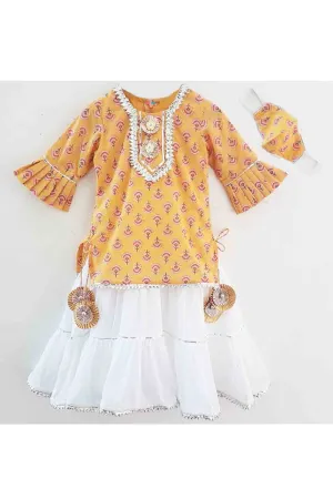 Anarkali style mustard floral print kurta with attached lehenga with mask