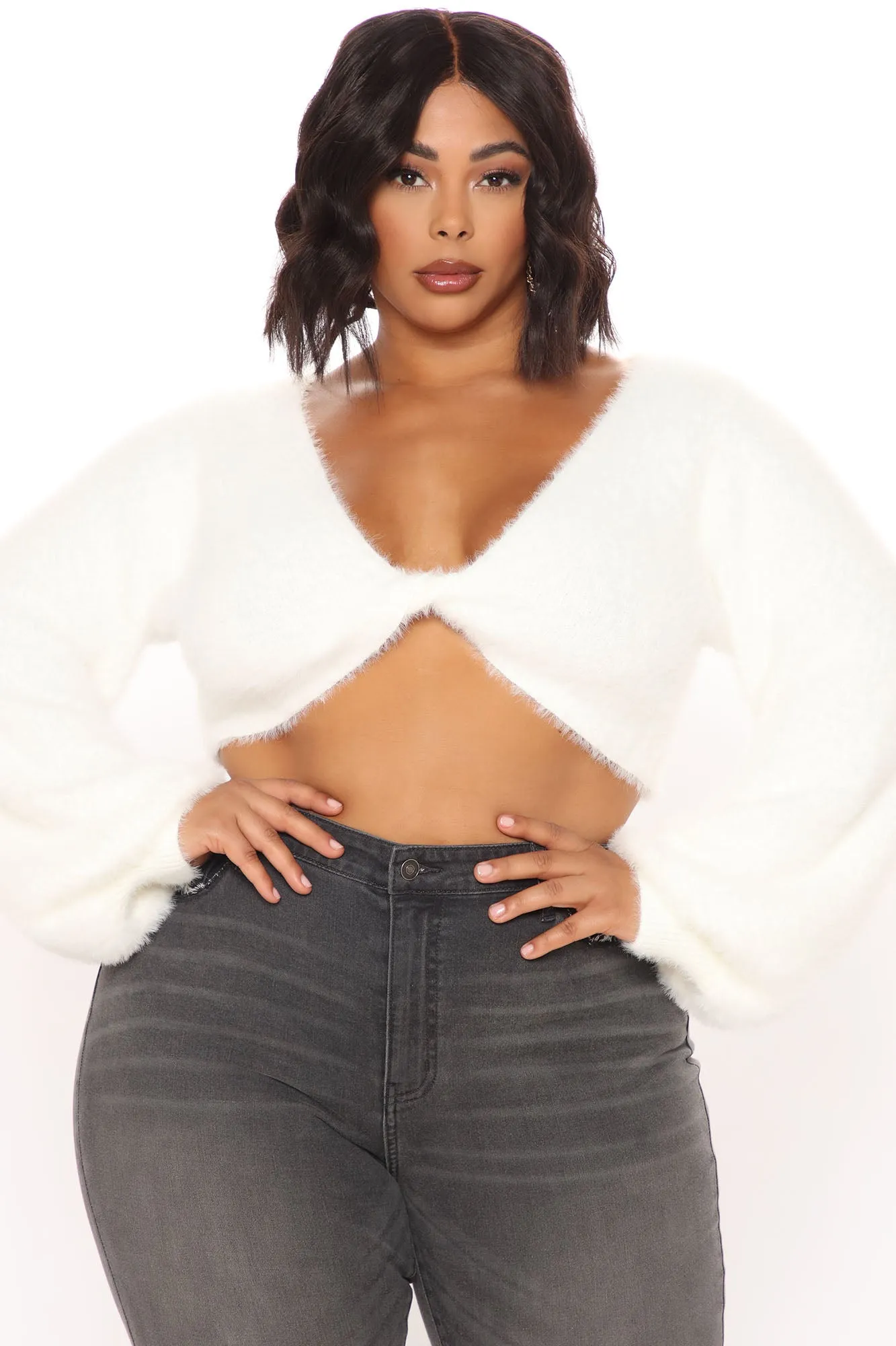 Angel Energy Cropped Fuzzy Sweater - Off White